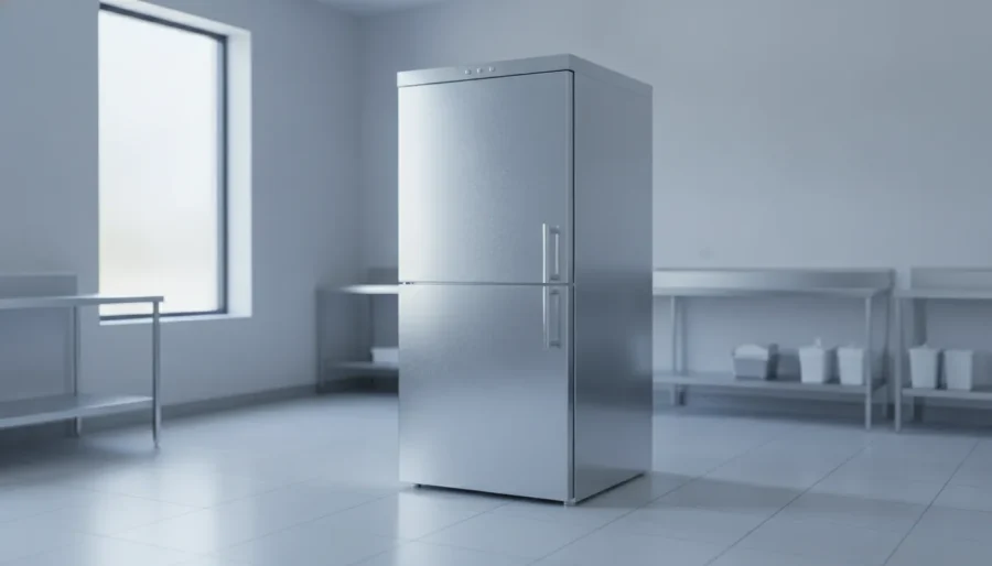 Tall stainless upright cooler cabinet in a clean funeral preparation room
